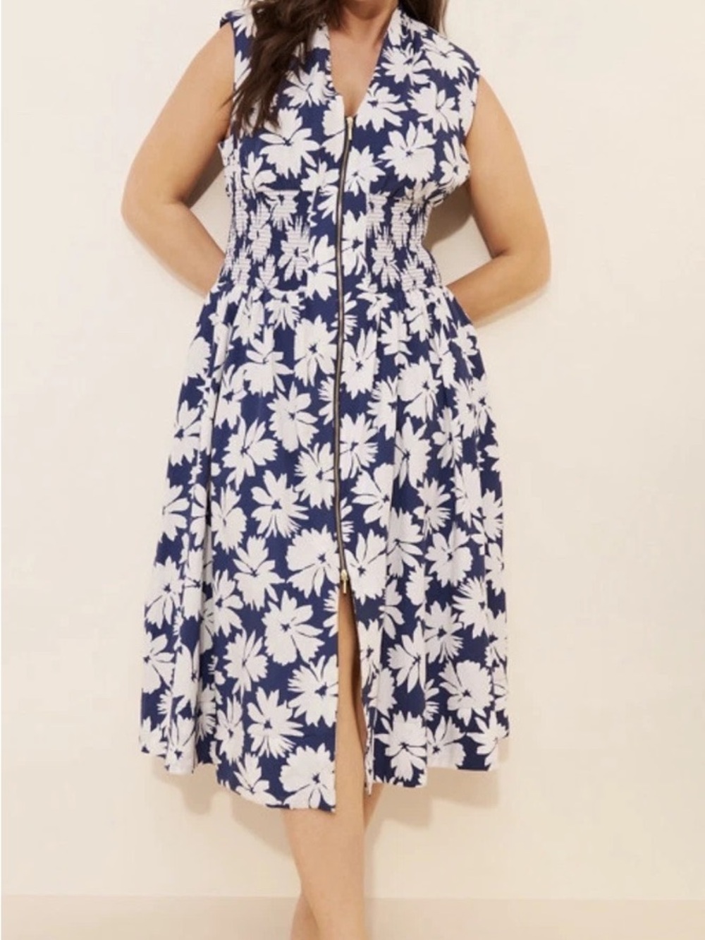 Anthropologie Tommie Cap-Sleeve Smocked Front-Zip Shirt Dress sz S